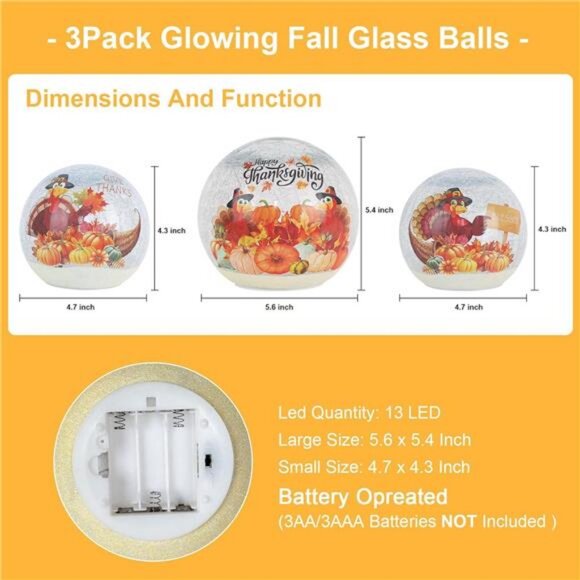 Thanksgiving Table Decorations, Set of 3 Turkey Sparkling Crackle Glass Ball - Picture 2 of 7